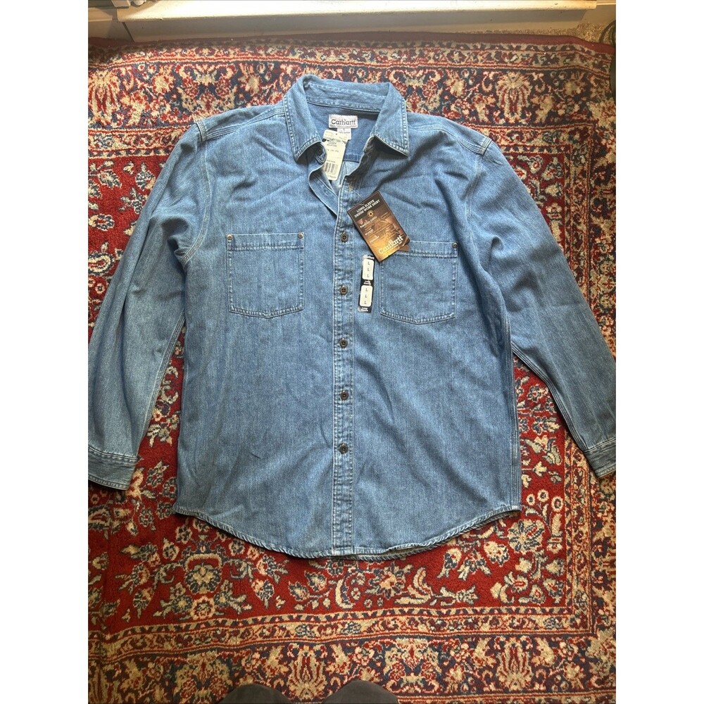 Vintage Carhartt Long Sleeve Button Down Denim Shirt Men's Size L NWT Cotton Y2K